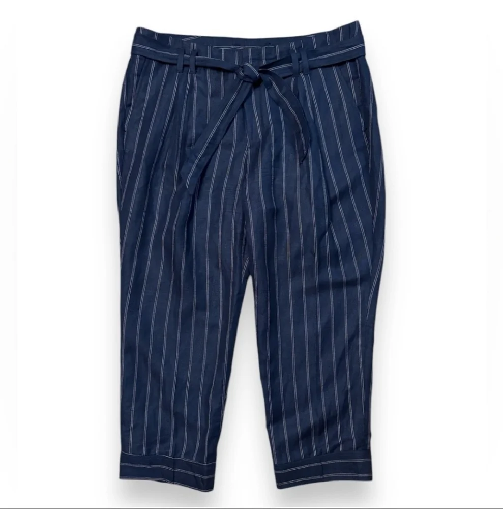 BANANA REPUBLIC Navy Striped Linen Blend Cropped Trousers Paper Bag Waist
